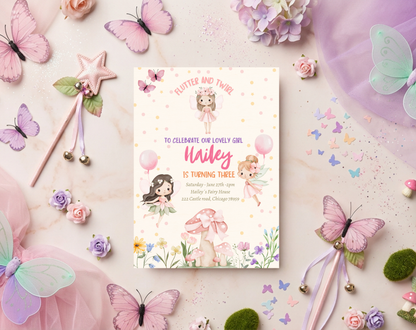 Fairy Garden Third Birthday Invitation Template Cream | Editable Canva Template | 5x7in & WhatsApp | Digital Download