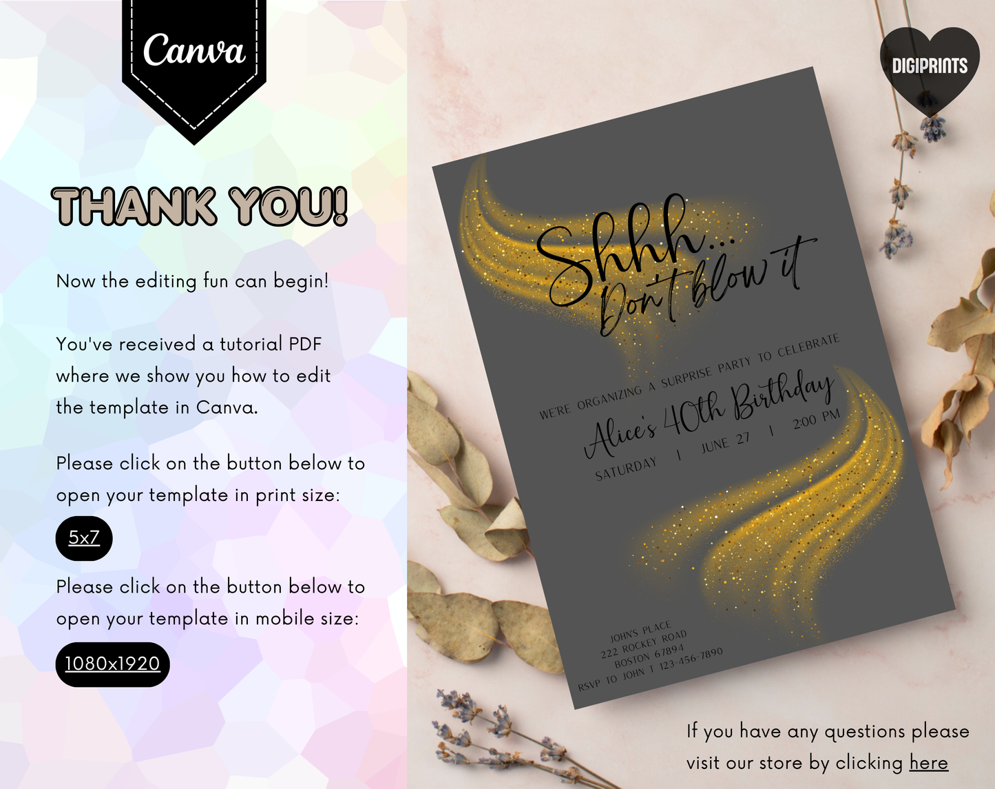 Surprise 40th Birthday Invitation Template | Editable Canva Template | 5x7in & WhatsApp | Digital Download