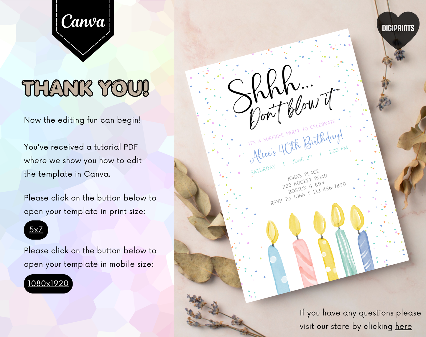 Surprise 40th Birthday Invitation Template Candles | Editable Canva Template | 5x7in & WhatsApp | Digital Download