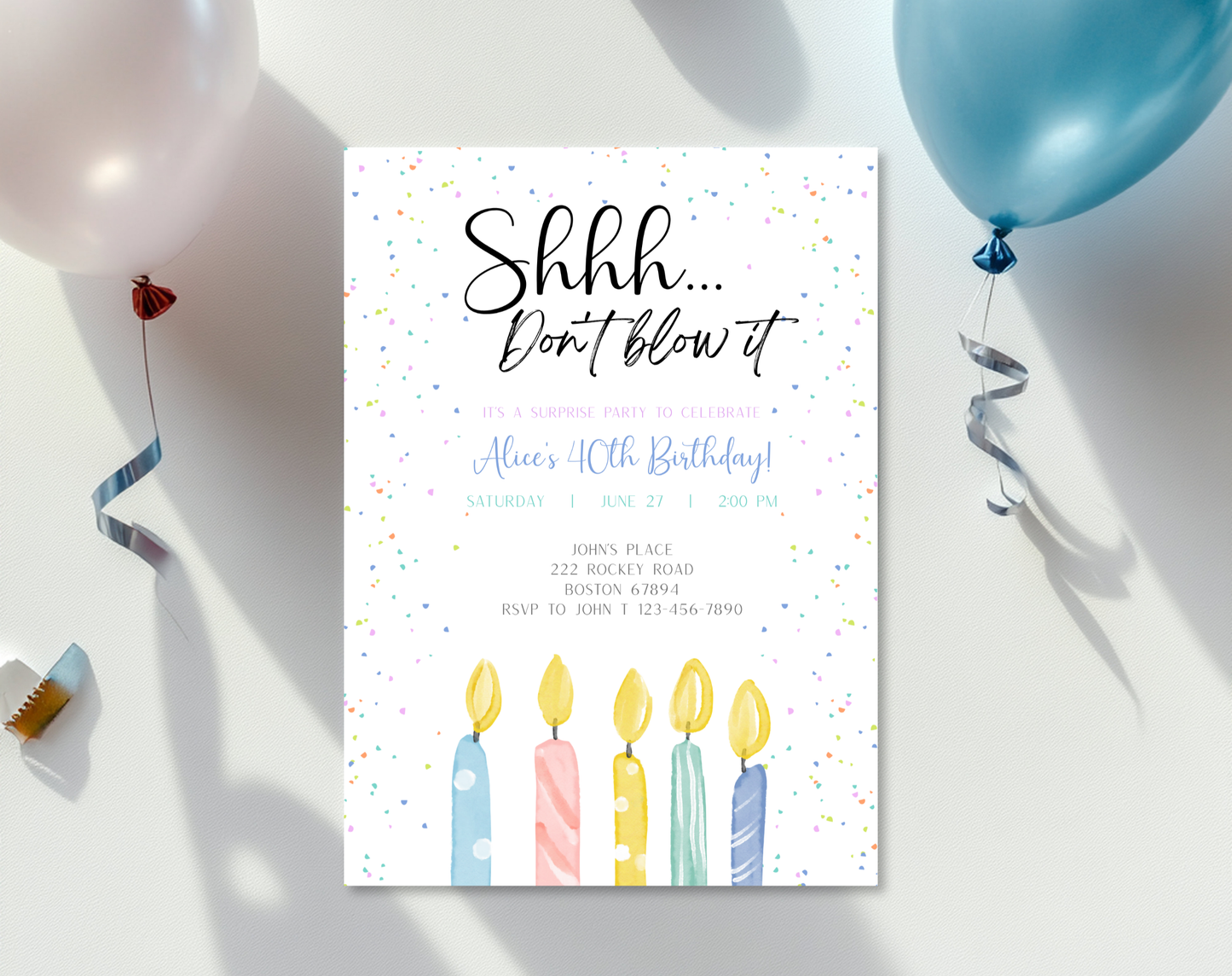 Surprise 40th Birthday Invitation Template Candles | Editable Canva Template | 5x7in & WhatsApp | Digital Download