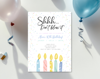 Surprise 40th Birthday Invitation Template Candles | Editable Canva Template | 5x7in & WhatsApp | Digital Download