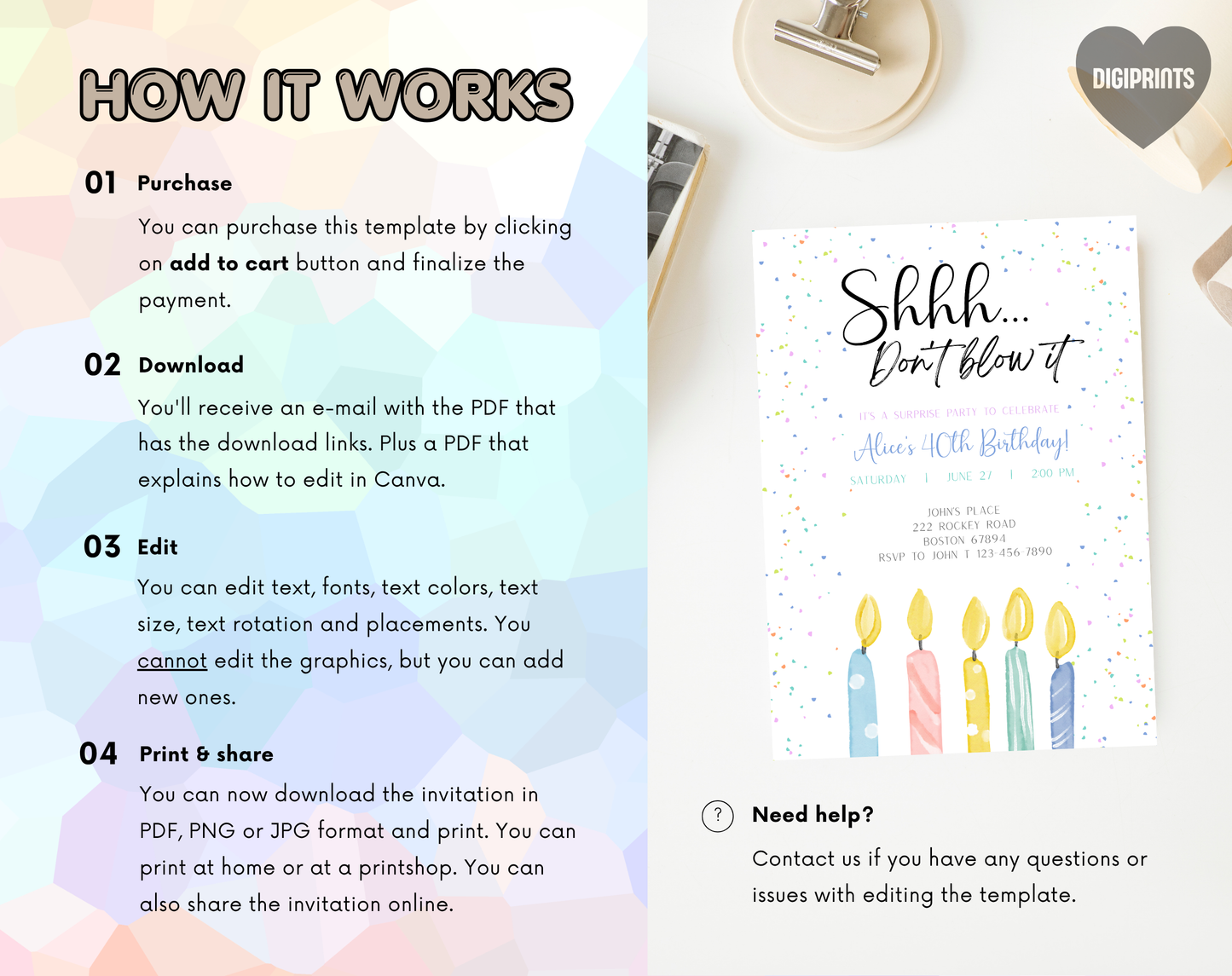 Surprise 40th Birthday Invitation Template Candles | Editable Canva Template | 5x7in & WhatsApp | Digital Download
