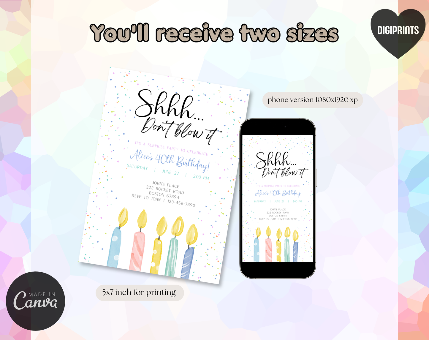 Surprise 40th Birthday Invitation Template Candles | Editable Canva Template | 5x7in & WhatsApp | Digital Download