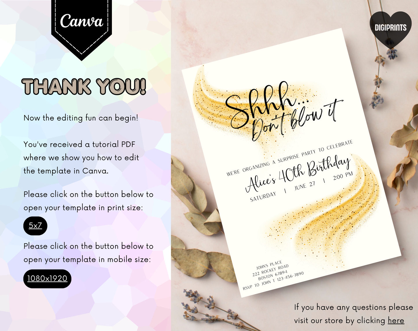 Surprise 40th Birthday Invitation Template Gold Cream | Editable Canva Template | 5x7in & WhatsApp | Digital Download
