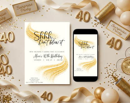 Surprise 40th Birthday Invitation Template Gold Cream | Editable Canva Template | 5x7in & WhatsApp | Digital Download