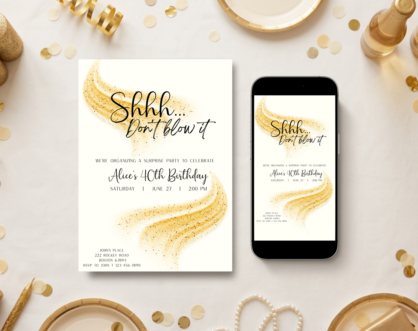 Surprise 40th Birthday Invitation Template Gold Cream | Editable Canva Template | 5x7in & WhatsApp | Digital Download
