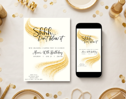 Surprise 40th Birthday Invitation Template Gold Cream | Editable Canva Template | 5x7in & WhatsApp | Digital Download