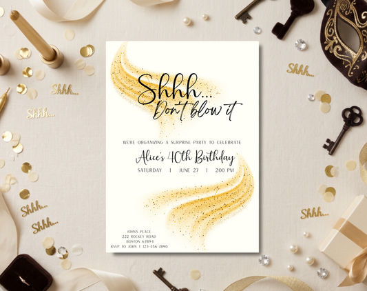 Surprise 40th Birthday Invitation Template Gold Cream | Editable Canva Template | 5x7in & WhatsApp | Digital Download