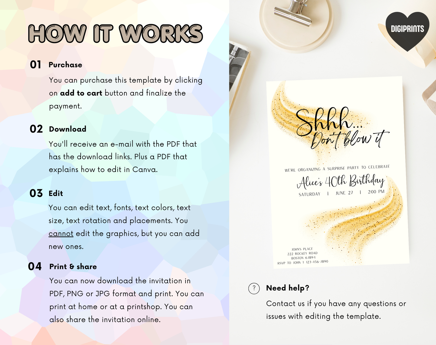 Surprise 40th Birthday Invitation Template Gold Cream | Editable Canva Template | 5x7in & WhatsApp | Digital Download