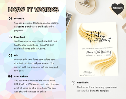 Surprise 40th Birthday Invitation Template Gold Cream | Editable Canva Template | 5x7in & WhatsApp | Digital Download