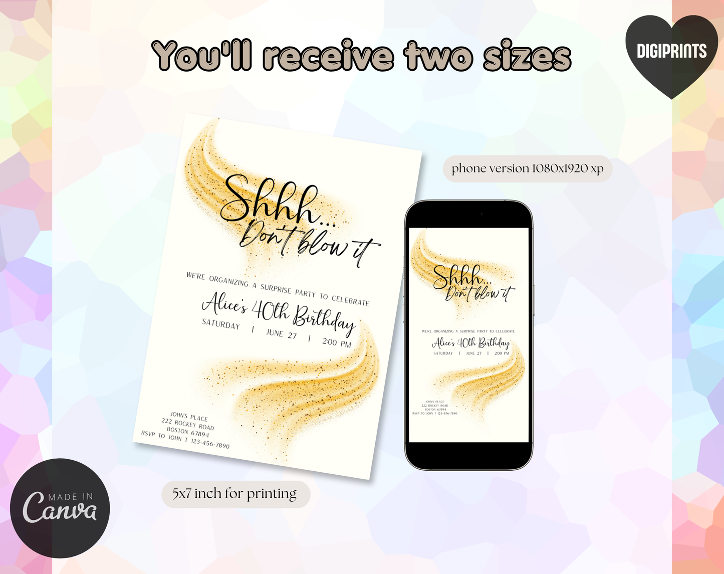 Surprise 40th Birthday Invitation Template Gold Cream | Editable Canva Template | 5x7in & WhatsApp | Digital Download