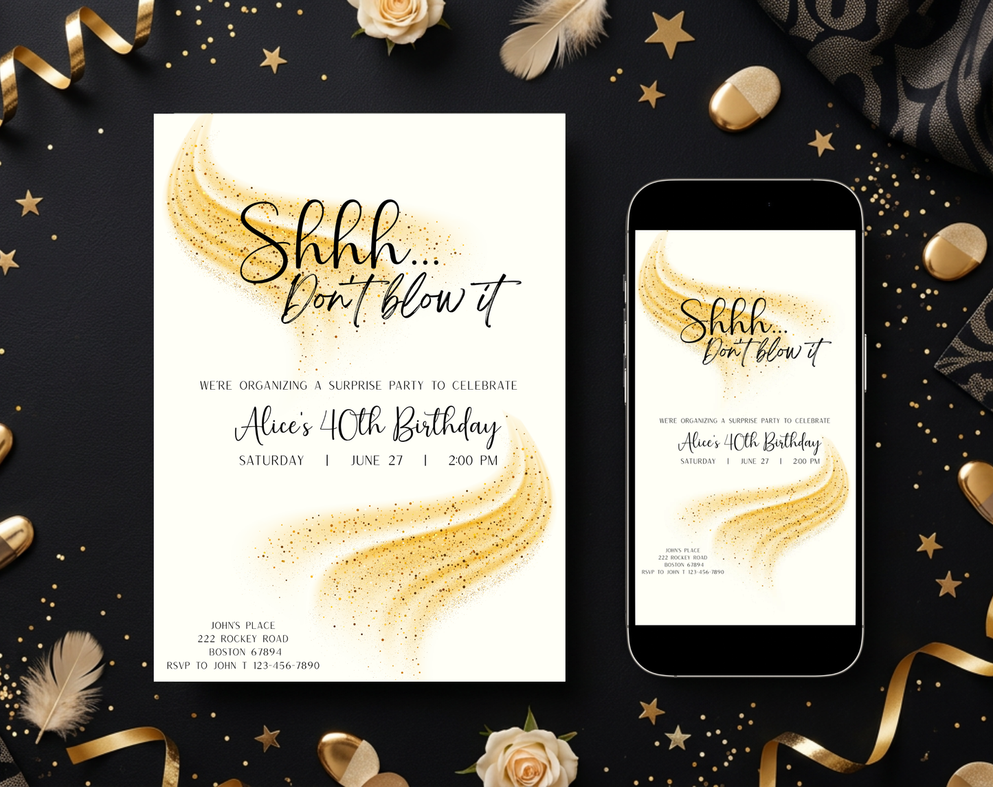 Surprise 40th Birthday Invitation Template Gold Cream | Editable Canva Template | 5x7in & WhatsApp | Digital Download