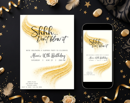 Surprise 40th Birthday Invitation Template Gold Cream | Editable Canva Template | 5x7in & WhatsApp | Digital Download