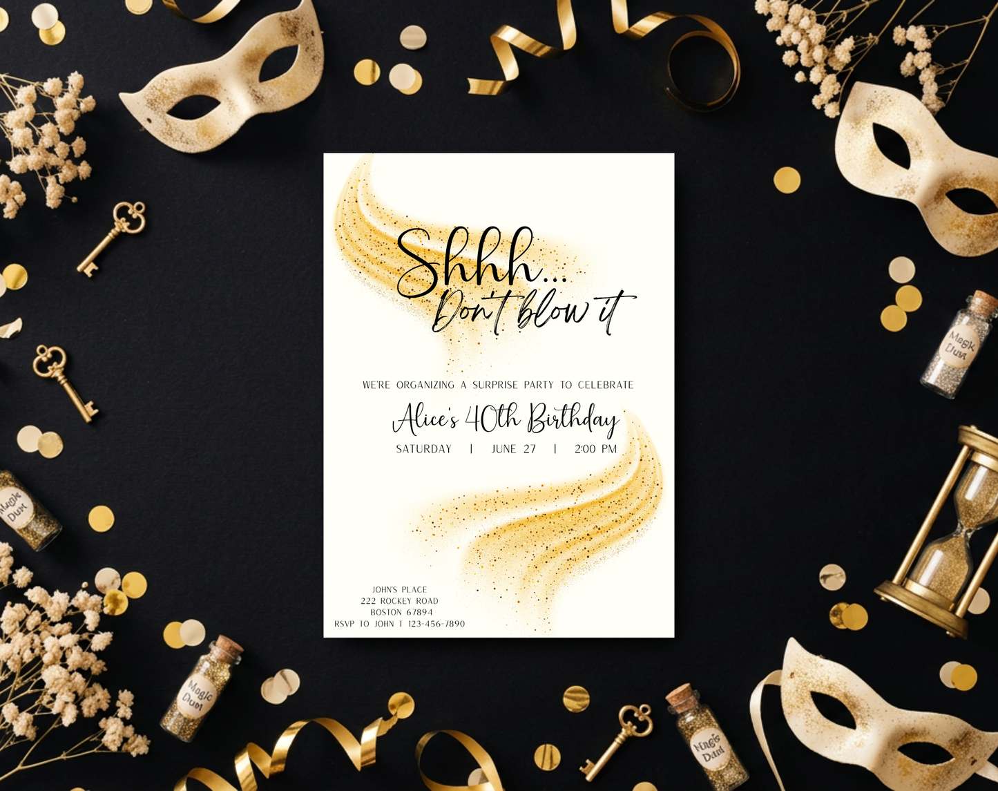 Surprise 40th Birthday Invitation Template Gold Cream | Editable Canva Template | 5x7in & WhatsApp | Digital Download