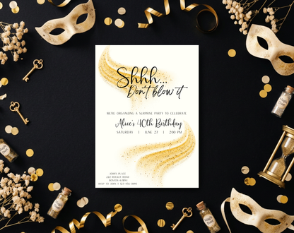 Surprise 40th Birthday Invitation Template Gold Cream | Editable Canva Template | 5x7in & WhatsApp | Digital Download