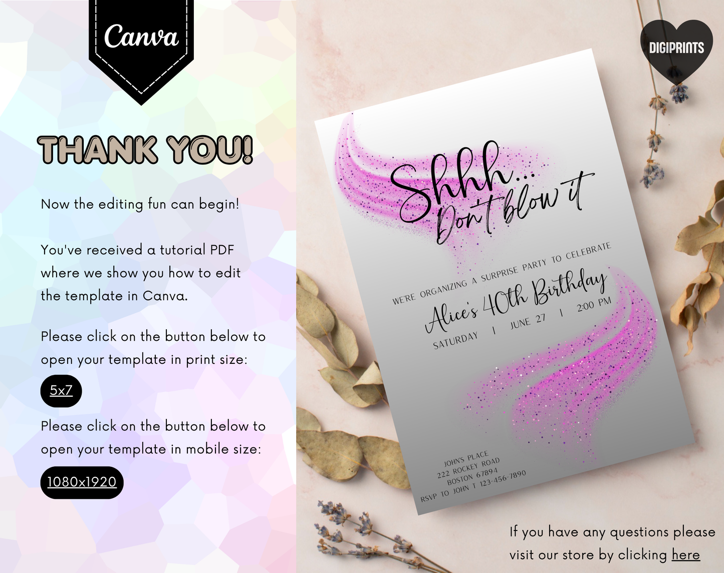 Surprise 40th Birthday Invitation Template Purple Glitter | Editable Canva Template | 5x7in & WhatsApp | Digital Download