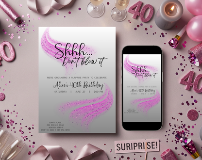 Surprise 40th Birthday Invitation Template Purple Glitter | Editable Canva Template | 5x7in & WhatsApp | Digital Download