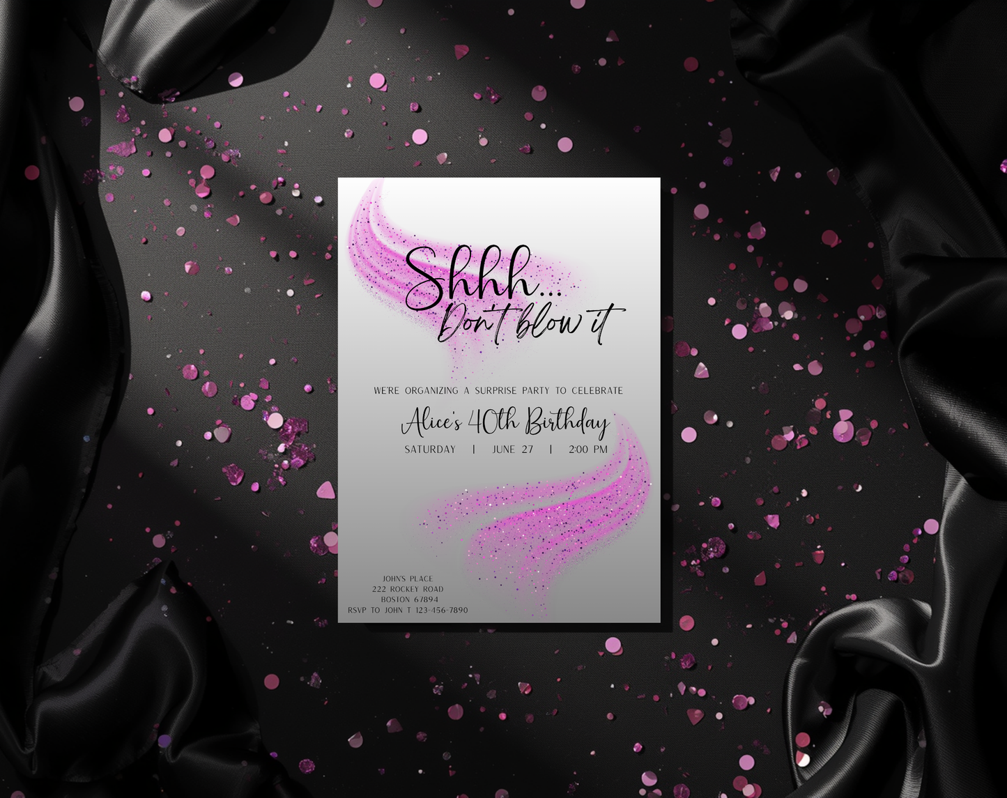 Surprise 40th Birthday Invitation Template Purple Glitter | Editable Canva Template | 5x7in & WhatsApp | Digital Download