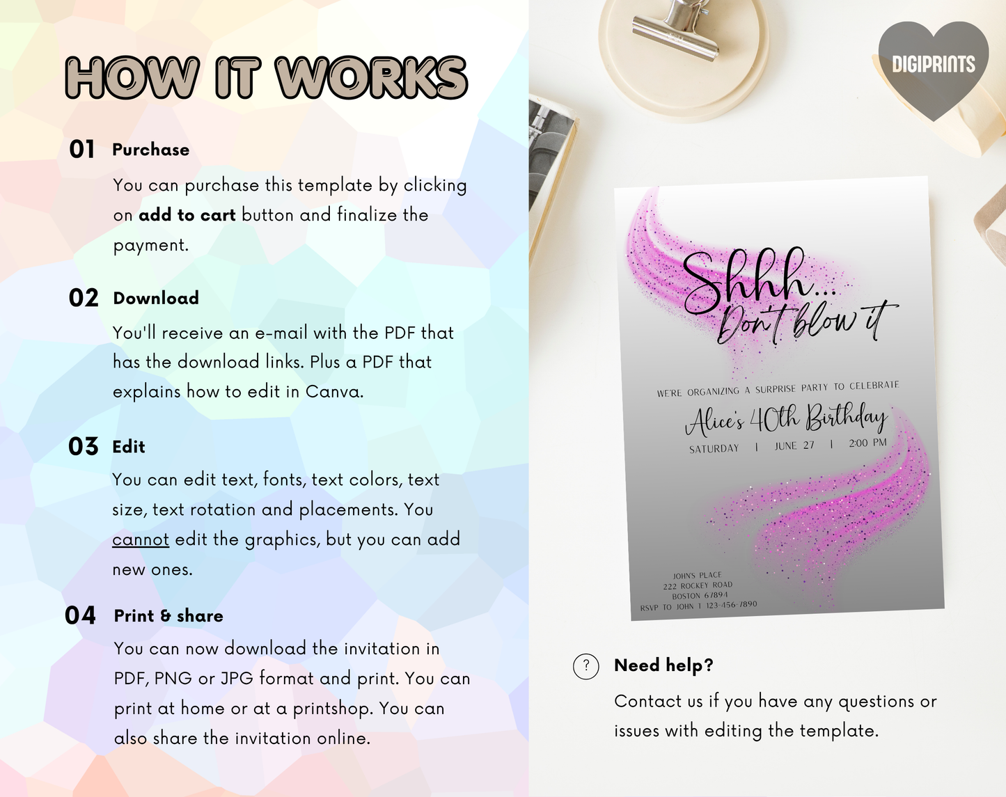 Surprise 40th Birthday Invitation Template Purple Glitter | Editable Canva Template | 5x7in & WhatsApp | Digital Download