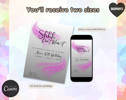 Surprise 40th Birthday Invitation Template Purple Glitter | Editable Canva Template | 5x7in & WhatsApp | Digital Download