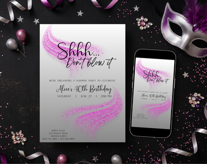 Surprise 40th Birthday Invitation Template Purple Glitter | Editable Canva Template | 5x7in & WhatsApp | Digital Download