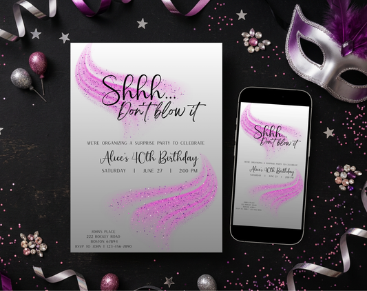Surprise 40th Birthday Invitation Template Purple Glitter | Editable Canva Template | 5x7in & WhatsApp | Digital Download