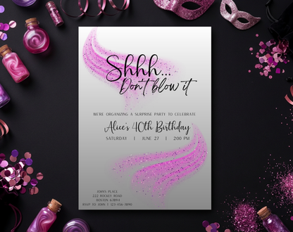 Surprise 40th Birthday Invitation Template Purple Glitter | Editable Canva Template | 5x7in & WhatsApp | Digital Download