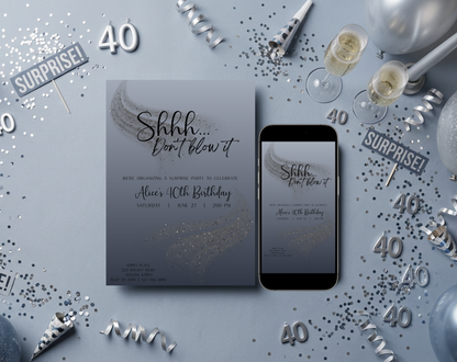 Surprise 40th Birthday Invitation Template Silver Black | Editable Canva Template | 5x7in & WhatsApp | Digital Download