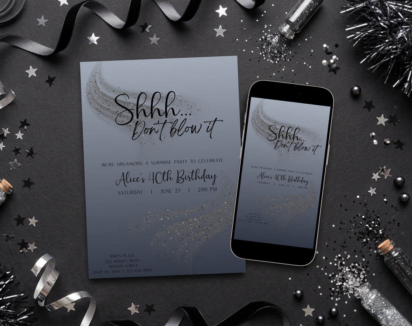 Surprise 40th Birthday Invitation Template Silver Black | Editable Canva Template | 5x7in & WhatsApp | Digital Download