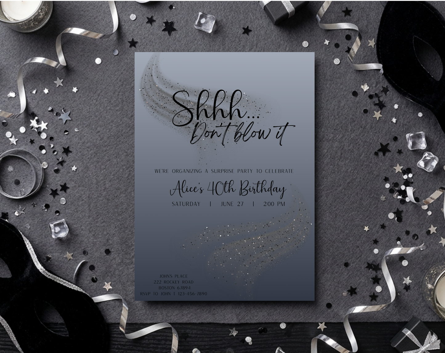 Surprise 40th Birthday Invitation Template Silver Black | Editable Canva Template | 5x7in & WhatsApp | Digital Download