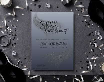 Surprise 40th Birthday Invitation Template Silver Black | Editable Canva Template | 5x7in & WhatsApp | Digital Download