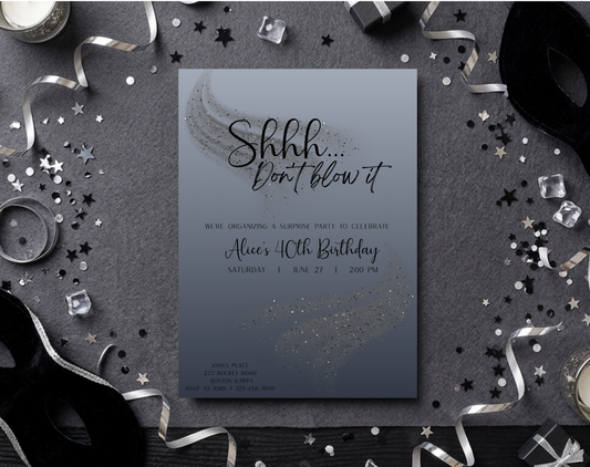 Surprise 40th Birthday Invitation Template Silver Black | Editable Canva Template | 5x7in & WhatsApp | Digital Download