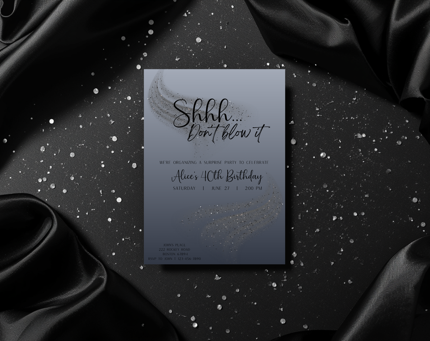 Surprise 40th Birthday Invitation Template Silver Black | Editable Canva Template | 5x7in & WhatsApp | Digital Download