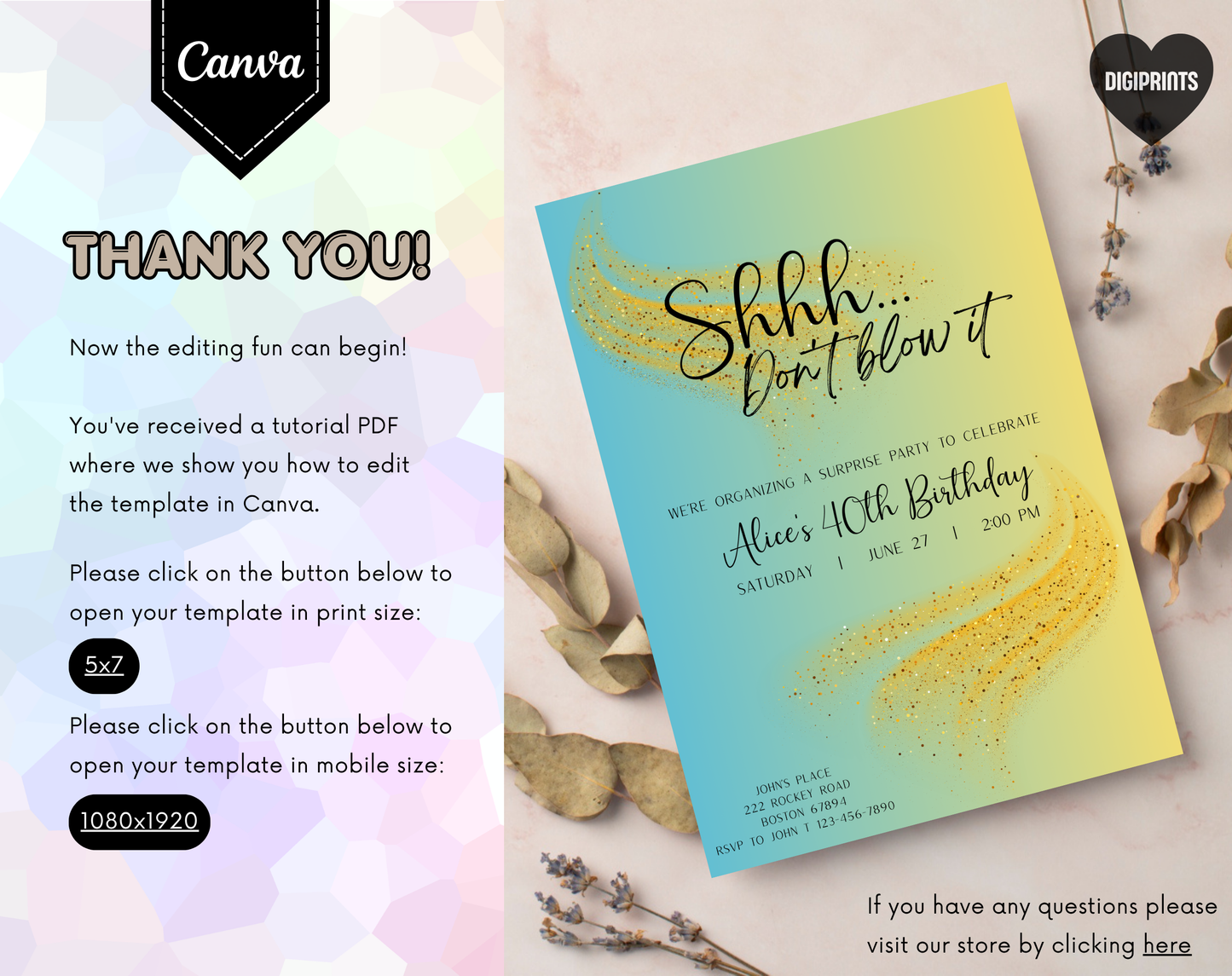 Surprise 40th Birthday Invitation Template Aqua Yellow | Editable Canva Template | 5x7in & WhatsApp | Digital Download