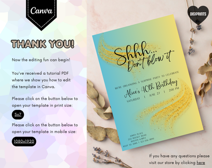 Surprise 40th Birthday Invitation Template Aqua Yellow | Editable Canva Template | 5x7in & WhatsApp | Digital Download