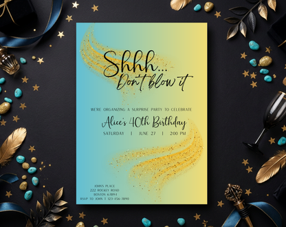 Surprise 40th Birthday Invitation Template Aqua Yellow | Editable Canva Template | 5x7in & WhatsApp | Digital Download