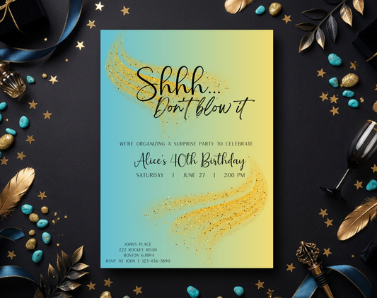Surprise 40th Birthday Invitation Template Aqua Yellow | Editable Canva Template | 5x7in & WhatsApp | Digital Download