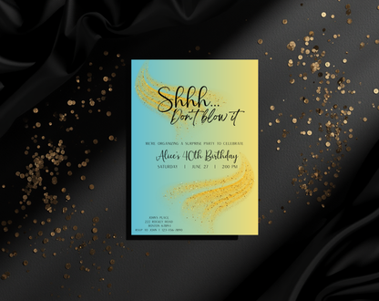 Surprise 40th Birthday Invitation Template Aqua Yellow | Editable Canva Template | 5x7in & WhatsApp | Digital Download