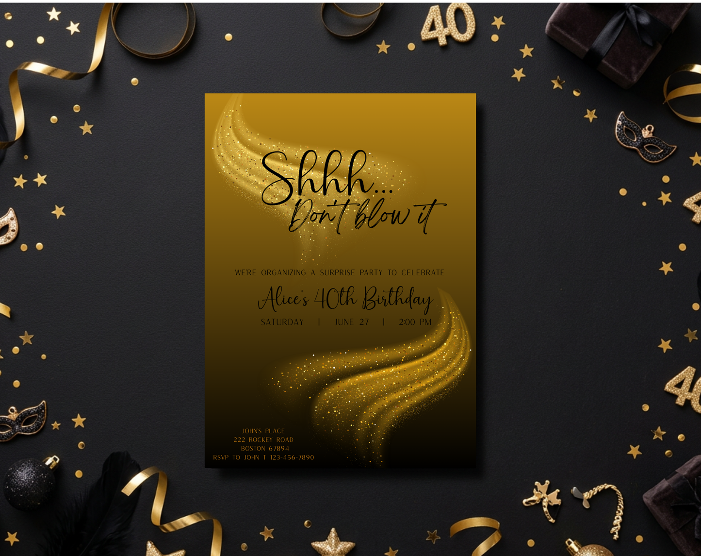 Surprise 40th Birthday Invitation Template Gold Black | Editable Canva Template | 5x7in & WhatsApp | Digital Download
