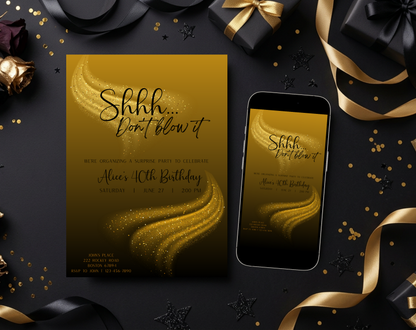 Surprise 40th Birthday Invitation Template Gold Black | Editable Canva Template | 5x7in & WhatsApp | Digital Download