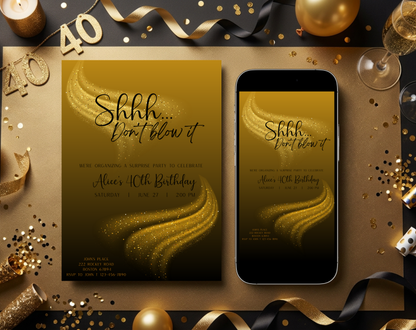 Surprise 40th Birthday Invitation Template Gold Black | Editable Canva Template | 5x7in & WhatsApp | Digital Download