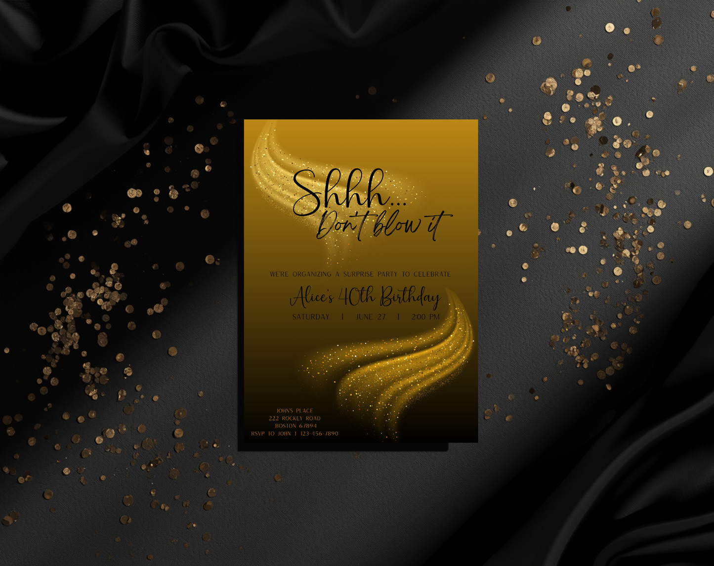 Surprise 40th Birthday Invitation Template Gold Black | Editable Canva Template | 5x7in & WhatsApp | Digital Download