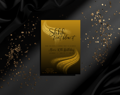 Surprise 40th Birthday Invitation Template Gold Black | Editable Canva Template | 5x7in & WhatsApp | Digital Download