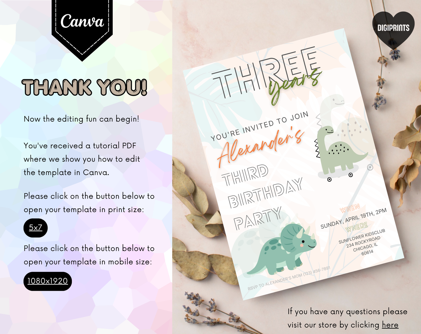 Dinosaur Third Birthday Invitation Template | Editable Canva Template | 5x7in & WhatsApp | Digital Download
