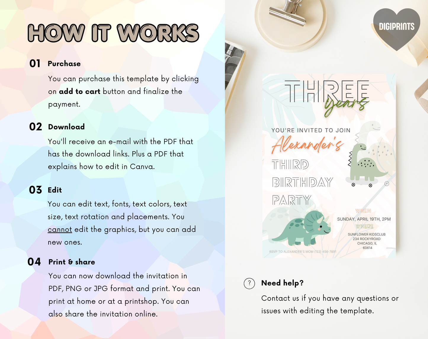 Dinosaur Third Birthday Invitation Template | Editable Canva Template | 5x7in & WhatsApp | Digital Download
