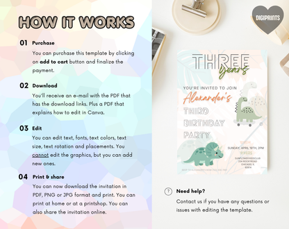 Dinosaur Third Birthday Invitation Template | Editable Canva Template | 5x7in & WhatsApp | Digital Download