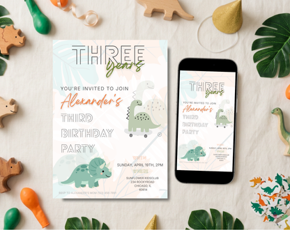 Dinosaur Third Birthday Invitation Template | Editable Canva Template | 5x7in & WhatsApp | Digital Download