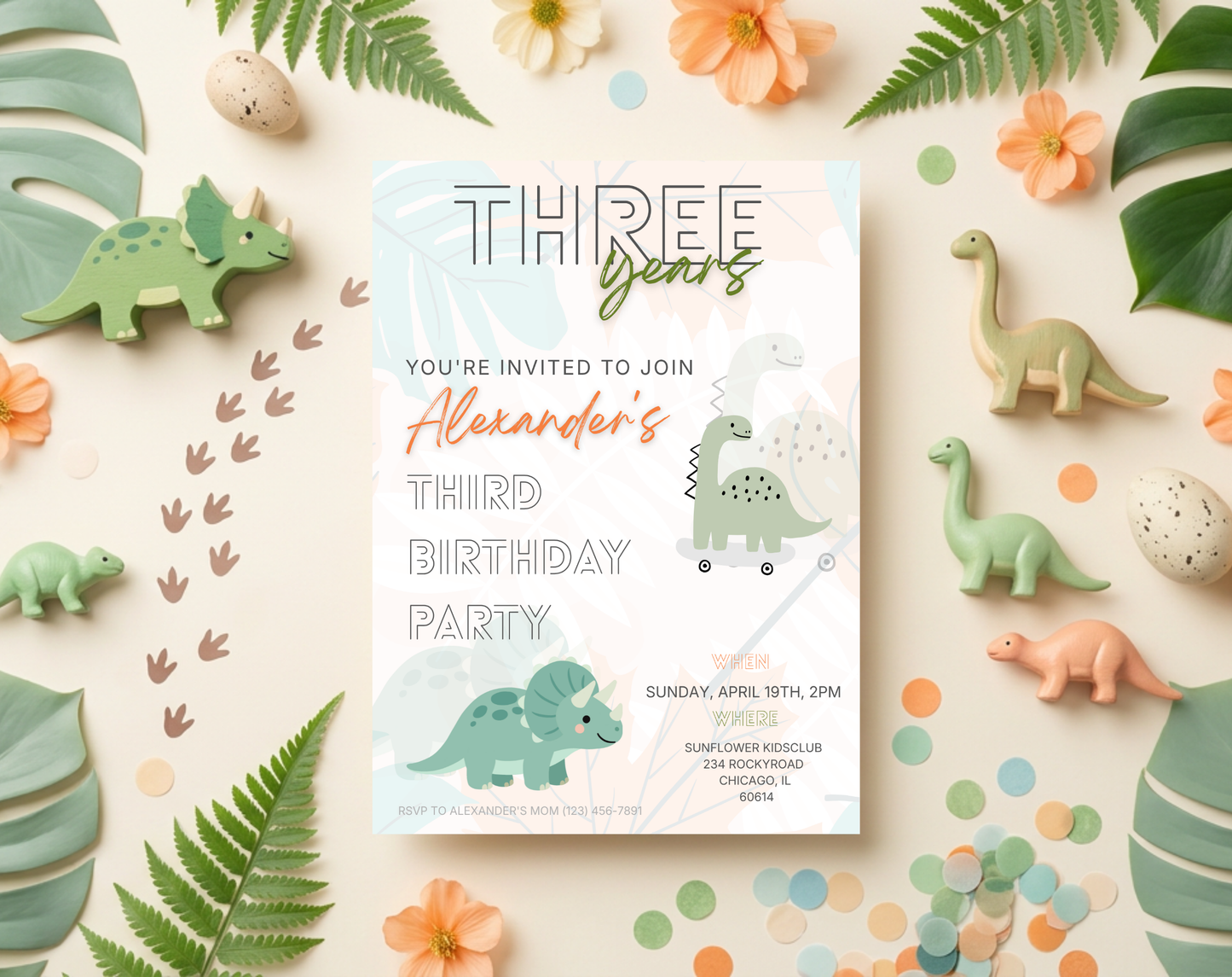 Dinosaur Third Birthday Invitation Template | Editable Canva Template | 5x7in & WhatsApp | Digital Download