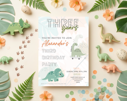 Dinosaur Third Birthday Invitation Template | Editable Canva Template | 5x7in & WhatsApp | Digital Download