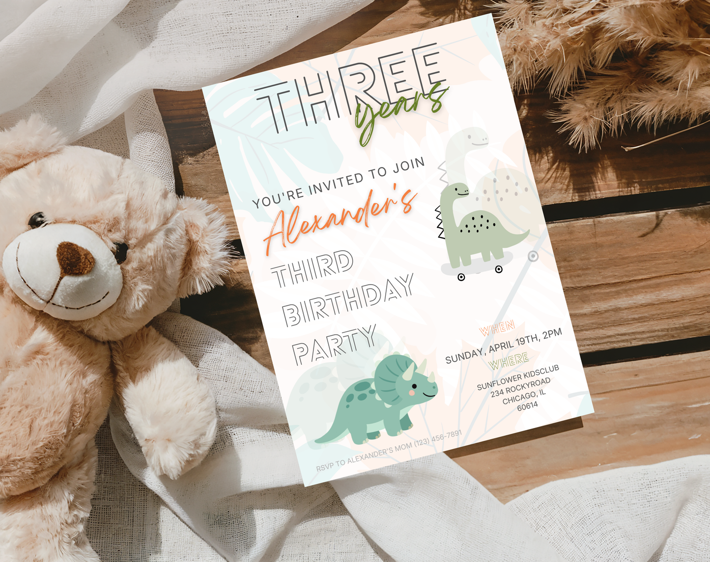Dinosaur Third Birthday Invitation Template | Editable Canva Template | 5x7in & WhatsApp | Digital Download